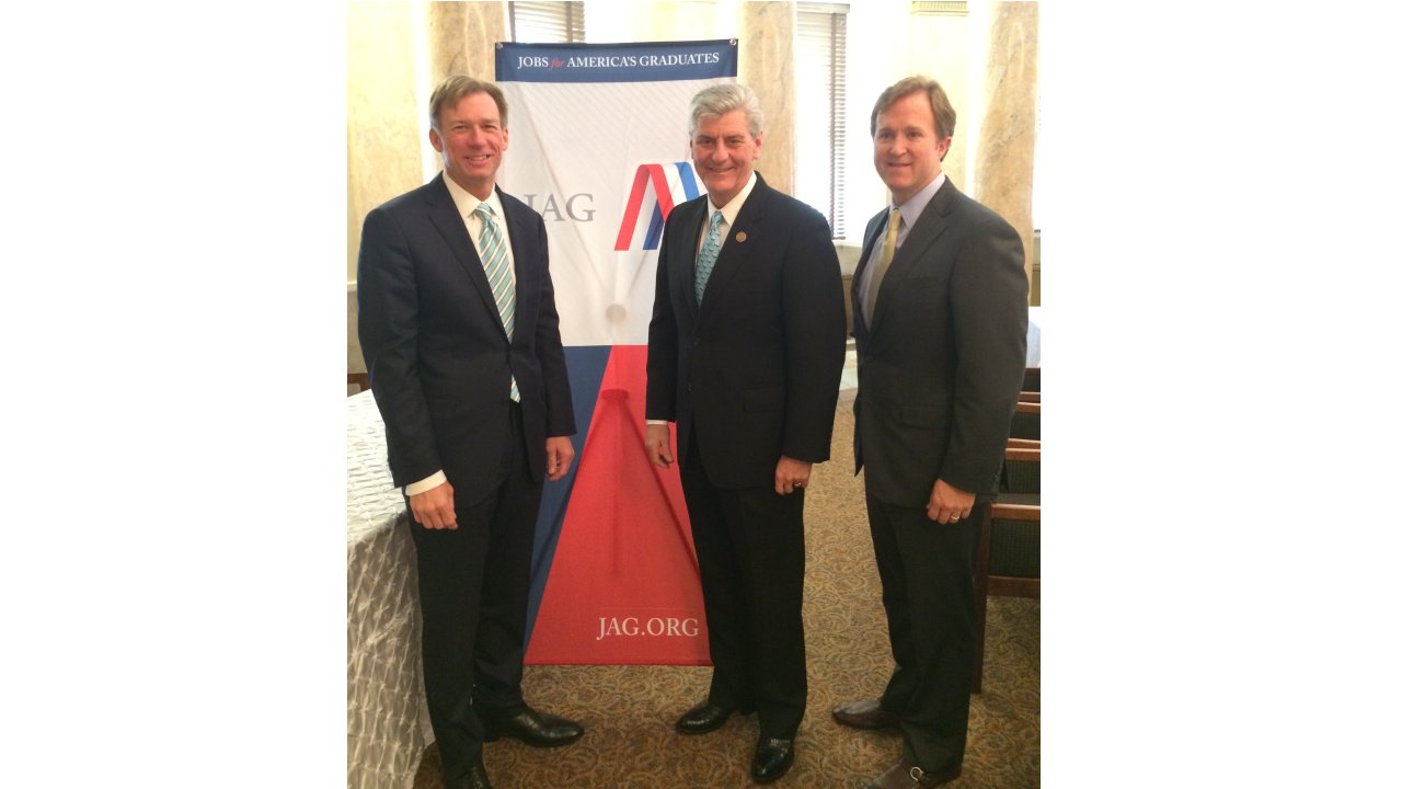 Entergy Corporation Chairman and CEO Leo Denault, Mississippi Governor Phil Bryant, and Entergy Mississippi President and CEO Haley Fisackerly announce a $250,000 grant to Jobs for America, supporting workforce development initiatives in Mississippi, Arkansas and Louisiana.